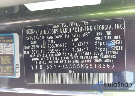 2019 Kia Sorento 3.3L Lx z USA, uszkodzony, nr VIN 5XYPG4A55KG518565